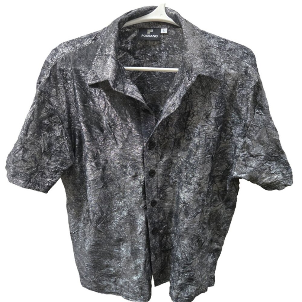 Mod Vintage Positano Shirt Mens Large Silver Button Up Disco shirt